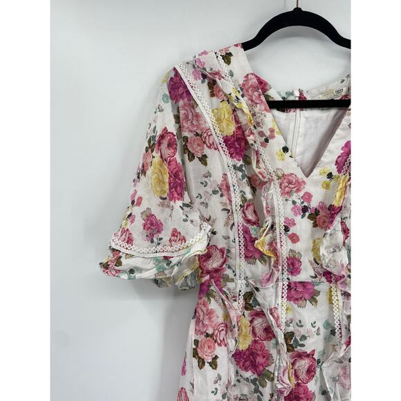 La Maison Talulah Tea Time Floral White Short Sleeve V-Neck Linen Mini Dress S - Picture 4 of 7